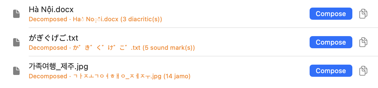 A list mixing Korean, Japanese, and Vietnamese filenames