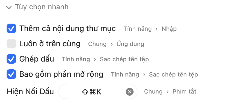 Thanh tùy chọn nhanh ở cuối cửa sổ chính